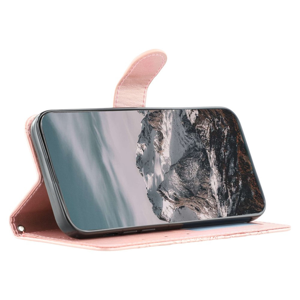 For Oppo Reno14 Pro 5G (Global) Case Rhinestone Decor PU Leather Mandala Imprinted Design Phone Cover with Wrist Strap - Rose Gold