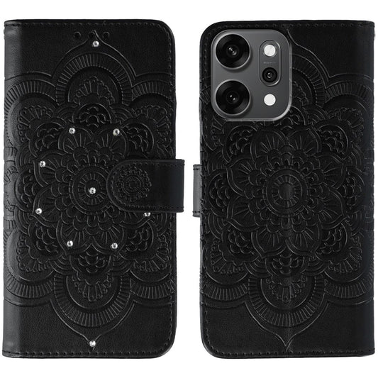 For Oppo Reno14 Pro 5G (Global) Case Rhinestone Decor PU Leather Mandala Imprinted Design Phone Cover with Wrist Strap - Black