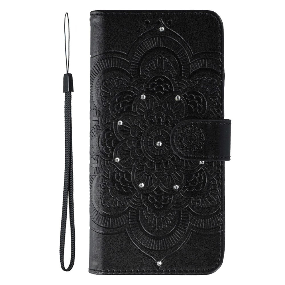 For Oppo Reno14 Pro 5G (Global) Case Rhinestone Decor PU Leather Mandala Imprinted Design Phone Cover with Wrist Strap - Black