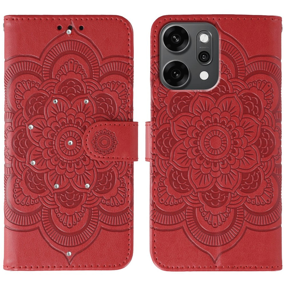For Oppo Reno14 Pro 5G (Global) Case Rhinestone Decor PU Leather Mandala Imprinted Design Phone Cover with Wrist Strap - Red
