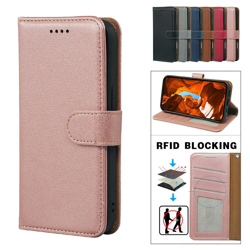 For Oppo Reno14 Pro 5G (Global) Case RFID Blocking Wallet Litchi Texture Leather Phone Cover Magnetic Clasp - Rose Gold