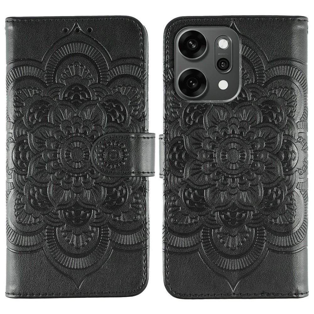 For Oppo Reno14 Pro 5G (Global) Case PU Leather Mandala Imprinted Design Wallet Phone Cover with Wrist Strap - Black
