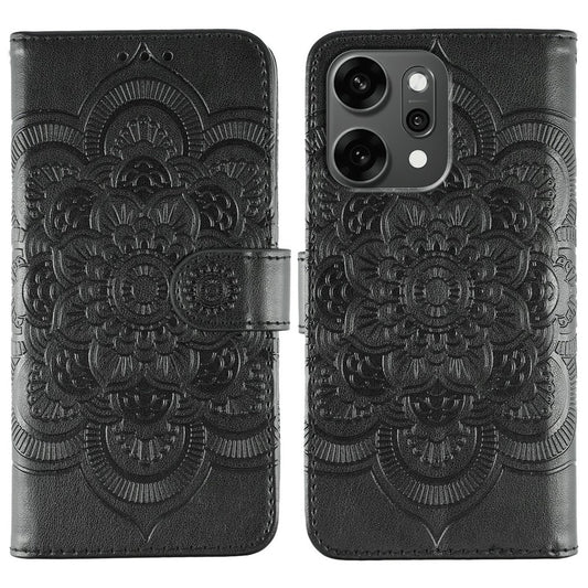 For Oppo Reno14 Pro 5G (Global) Case PU Leather Mandala Imprinted Design Wallet Phone Cover with Wrist Strap - Black