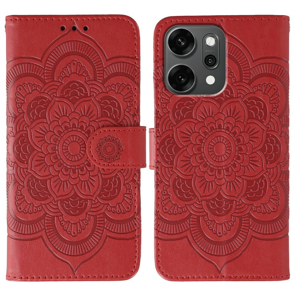 For Oppo Reno14 Pro 5G (Global) Case PU Leather Mandala Imprinted Design Wallet Phone Cover with Wrist Strap - Red