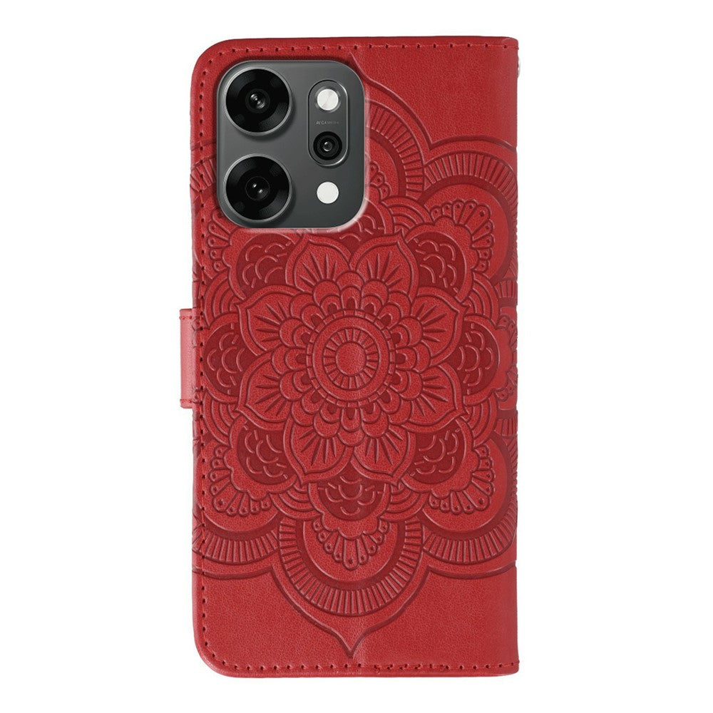 For Oppo Reno14 Pro 5G (Global) Case PU Leather Mandala Imprinted Design Wallet Phone Cover with Wrist Strap - Red