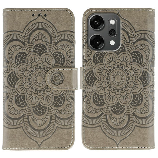 For Oppo Reno14 Pro 5G (Global) Case PU Leather Mandala Imprinted Design Wallet Phone Cover with Wrist Strap - Grey
