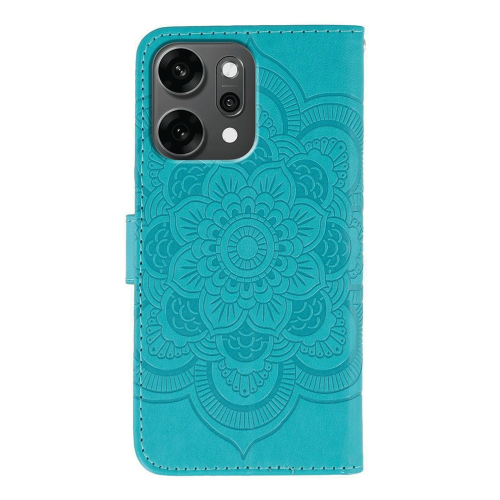 For Oppo Reno14 Pro 5G (Global) Case PU Leather Mandala Imprinted Design Wallet Phone Cover with Wrist Strap - Blue
