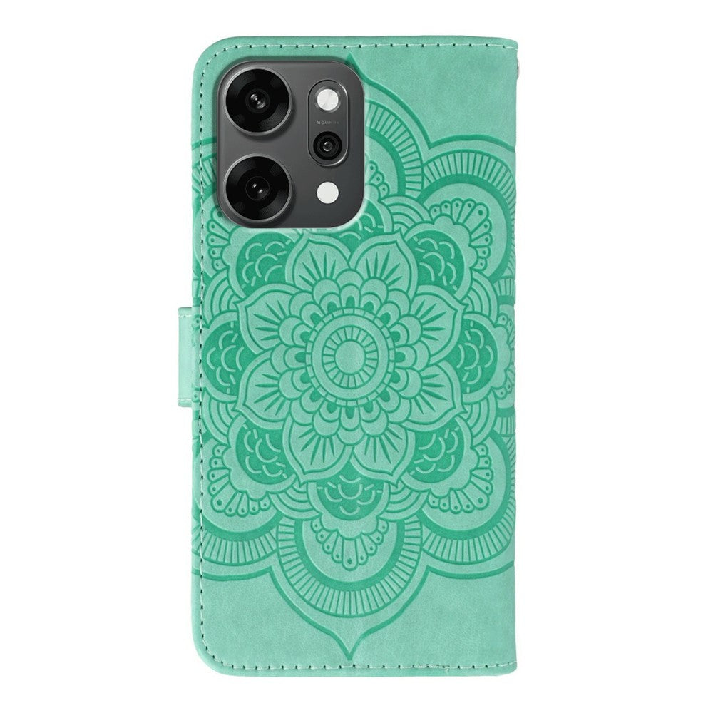 For Oppo Reno14 Pro 5G (Global) Case PU Leather Mandala Imprinted Design Wallet Phone Cover with Wrist Strap - Green
