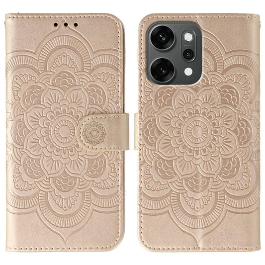 For Oppo Reno14 Pro 5G (Global) Case PU Leather Mandala Imprinted Design Wallet Phone Cover with Wrist Strap - Rose Gold