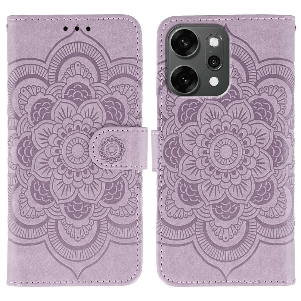 For Oppo Reno14 Pro 5G (Global) Case PU Leather Mandala Imprinted Design Wallet Phone Cover with Wrist Strap - Purple