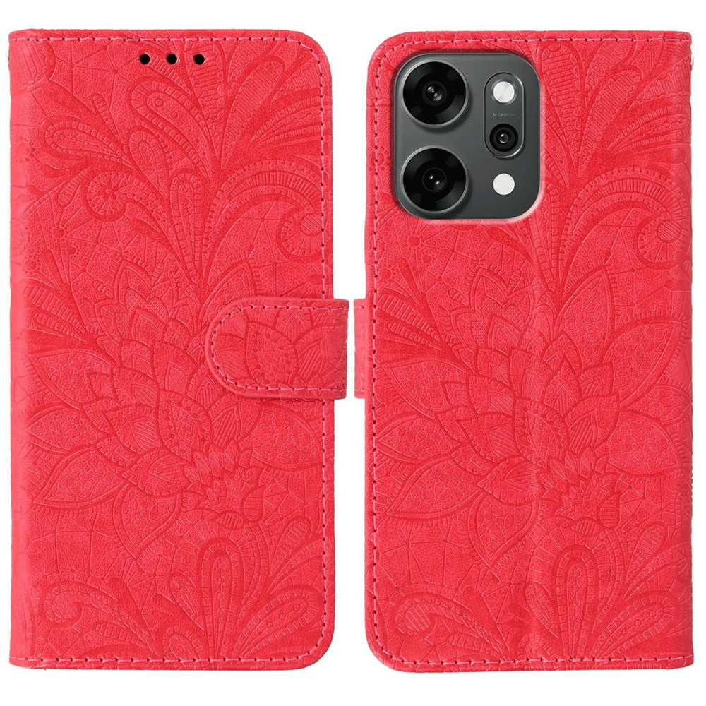 For Oppo Reno14 Pro 5G (Global) Case Lace Flowers PU Leather Flip Wallet Phone Cover - Red