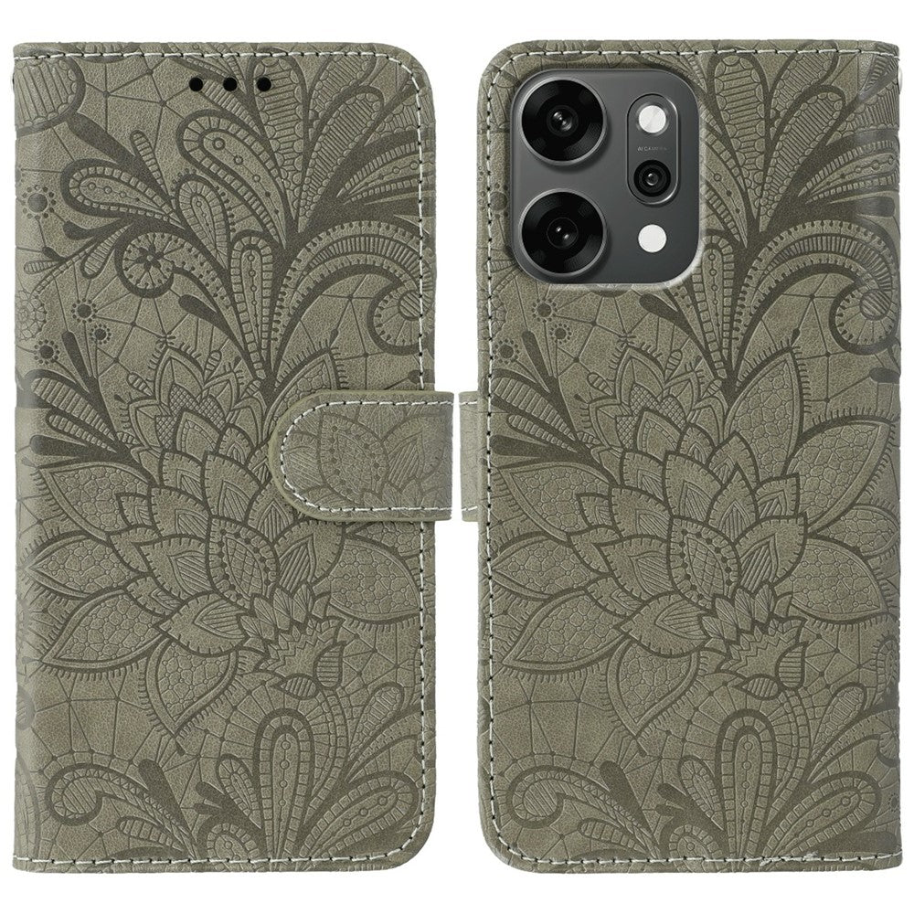 For Oppo Reno14 Pro 5G (Global) Case Lace Flowers PU Leather Flip Wallet Phone Cover - Grey