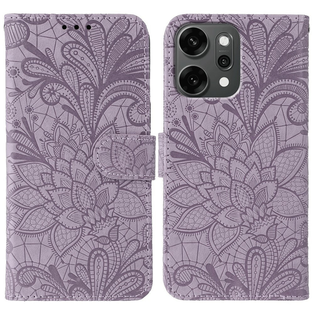 For Oppo Reno14 Pro 5G (Global) Case Lace Flowers PU Leather Flip Wallet Phone Cover - Purple