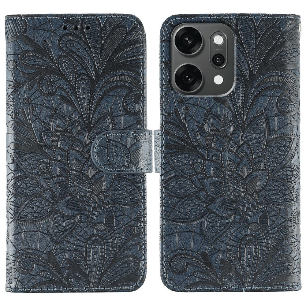 For Oppo Reno14 Pro 5G (Global) Case Lace Flowers PU Leather Flip Wallet Phone Cover - Dark Blue