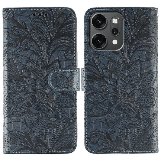 For Oppo Reno14 Pro 5G (Global) Case Lace Flowers PU Leather Flip Wallet Phone Cover - Dark Blue