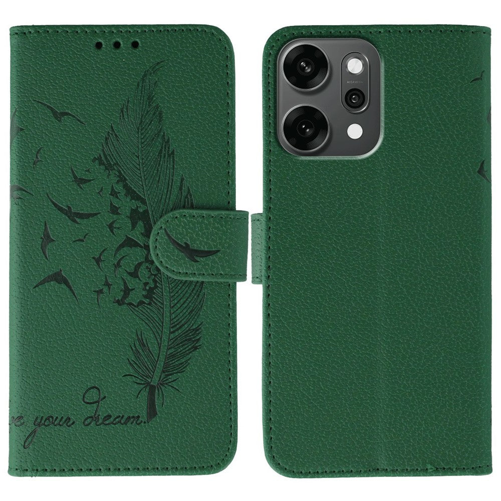 For Oppo Reno14 Pro 5G (Global) Case Feather Imprint PU Leather Wallet Phone Cover - Green