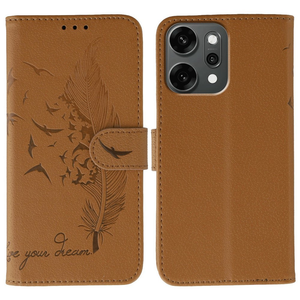 For Oppo Reno14 Pro 5G (Global) Case Feather Imprint PU Leather Wallet Phone Cover - Brown