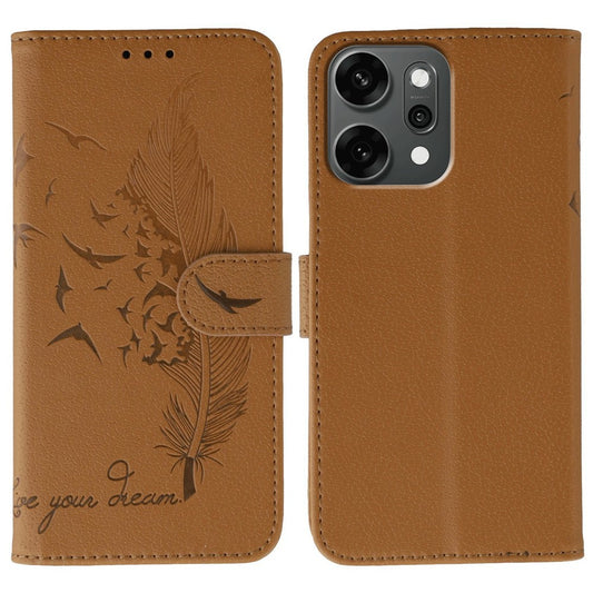 For Oppo Reno14 Pro 5G (Global) Case Feather Imprint PU Leather Wallet Phone Cover - Brown