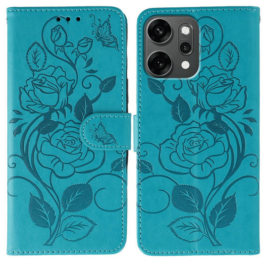 For Oppo Reno14 Pro 5G (Global) Case Wallet Stand Imprinted Rose Butterfly PU Leather Phone Cover - Blue