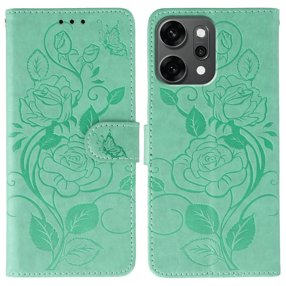 For Oppo Reno14 Pro 5G (Global) Case Wallet Stand Imprinted Rose Butterfly PU Leather Phone Cover - Green