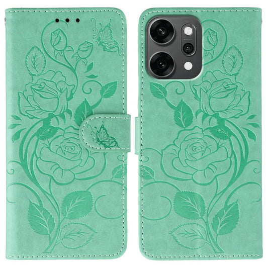For Oppo Reno14 Pro 5G (Global) Case Wallet Stand Imprinted Rose Butterfly PU Leather Phone Cover - Green