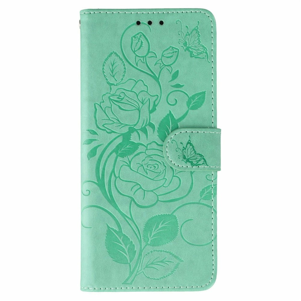 For Oppo Reno14 Pro 5G (Global) Case Wallet Stand Imprinted Rose Butterfly PU Leather Phone Cover - Green