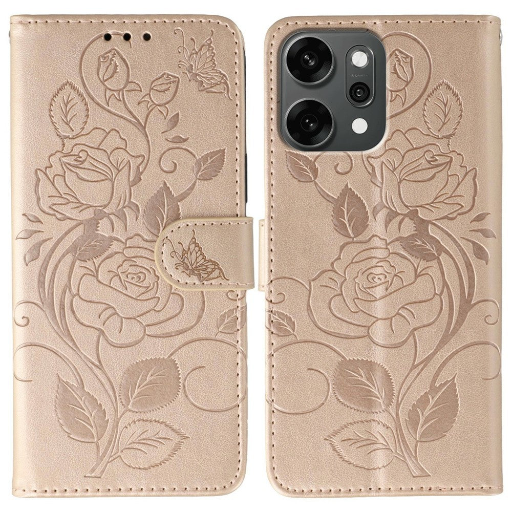 For Oppo Reno14 Pro 5G (Global) Case Wallet Stand Imprinted Rose Butterfly PU Leather Phone Cover - Rose Gold