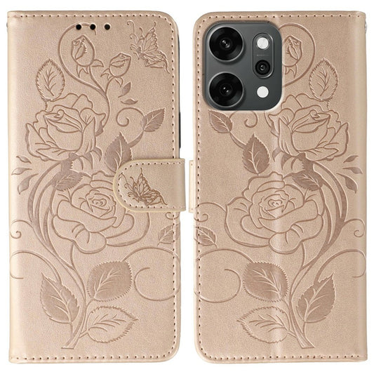 For Oppo Reno14 Pro 5G (Global) Case Wallet Stand Imprinted Rose Butterfly PU Leather Phone Cover - Rose Gold