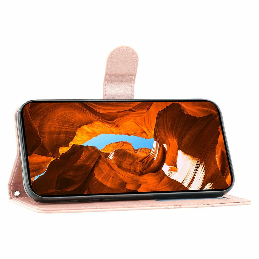 For Oppo Reno14 Pro 5G (Global) Case Wallet Stand Imprinted Rose Butterfly PU Leather Phone Cover - Rose Gold