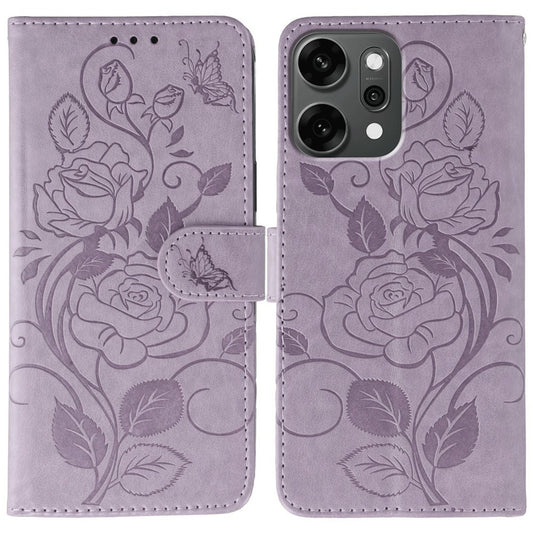 For Oppo Reno14 Pro 5G (Global) Case Wallet Stand Imprinted Rose Butterfly PU Leather Phone Cover - Purple