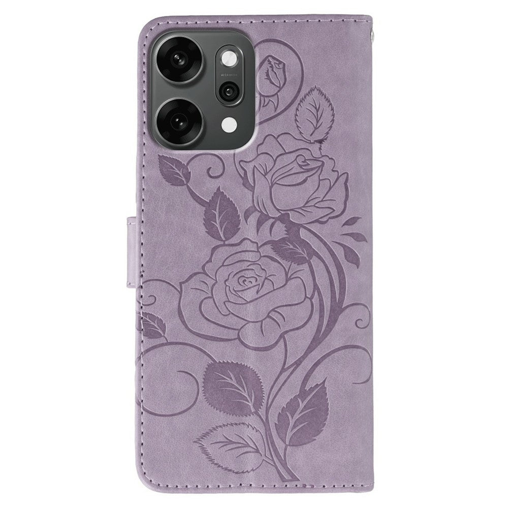 For Oppo Reno14 Pro 5G (Global) Case Wallet Stand Imprinted Rose Butterfly PU Leather Phone Cover - Purple