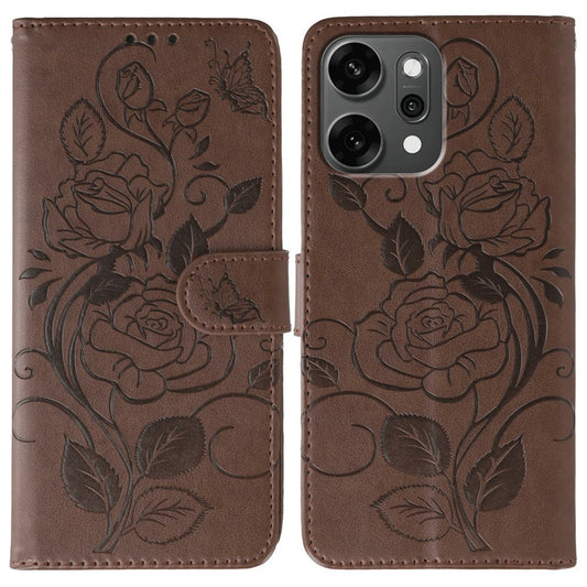 For Oppo Reno14 Pro 5G (Global) Case Wallet Stand Imprinted Rose Butterfly PU Leather Phone Cover - Brown