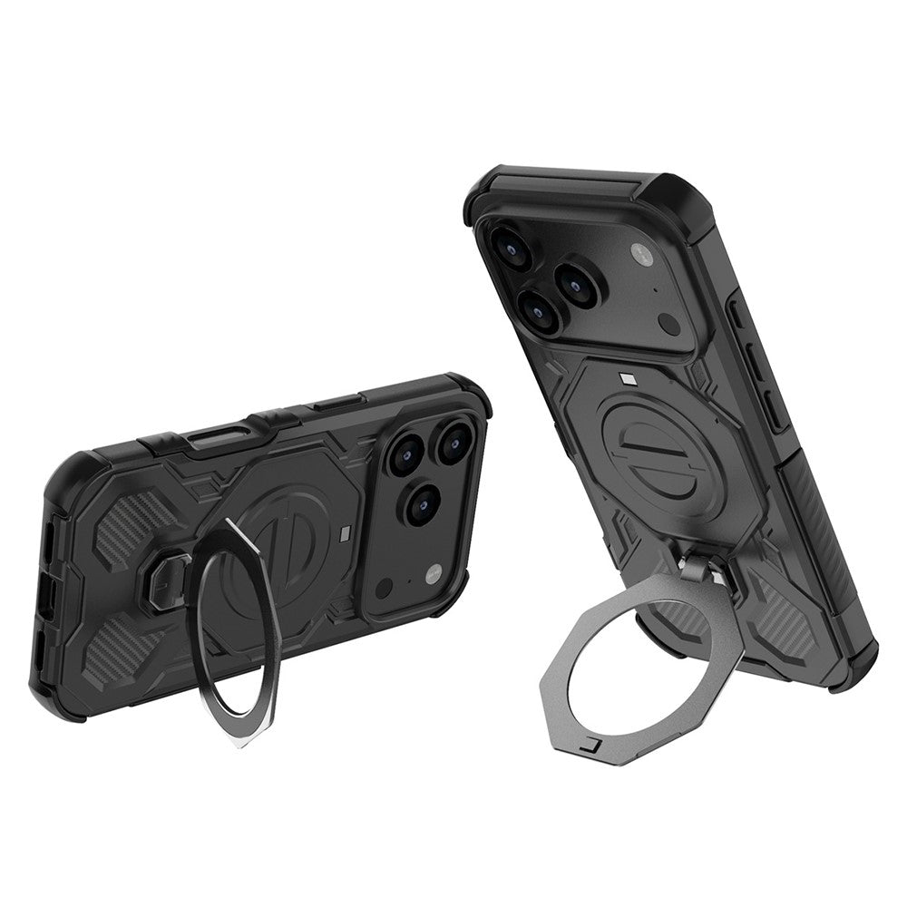 For iPhone 17 Pro Max Magnetic Case Rotating Metal Kickstand Shockproof PC + TPU Phone Back Cover - Black