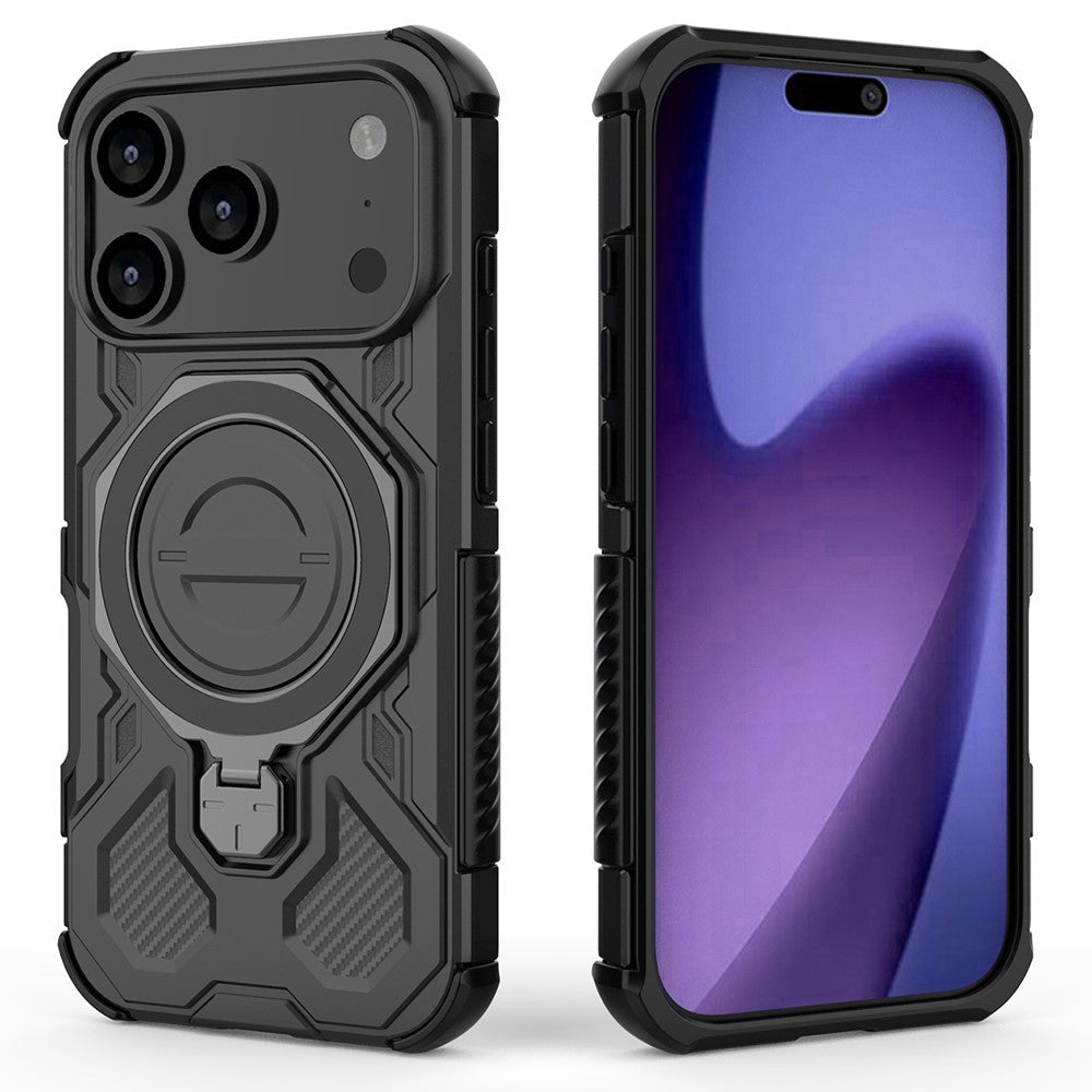 For iPhone 17 Pro Max Magnetic Case Rotating Metal Kickstand Shockproof PC + TPU Phone Back Cover - Black
