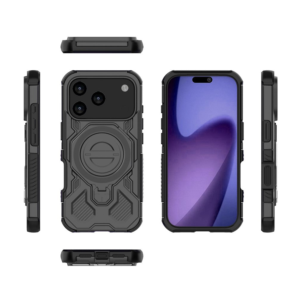 For iPhone 17 Pro Max Magnetic Case Rotating Metal Kickstand Shockproof PC + TPU Phone Back Cover - Black