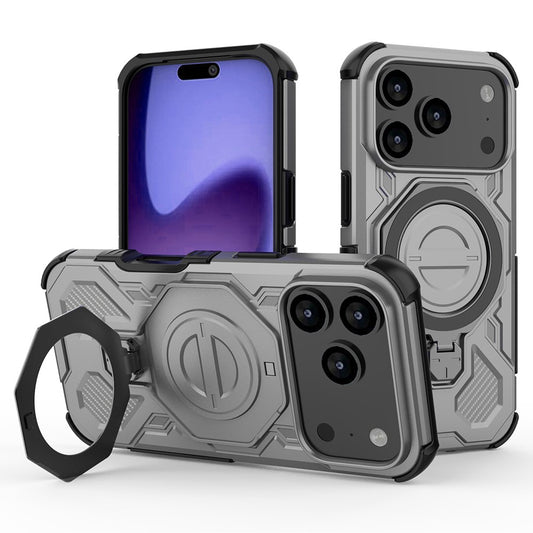 For iPhone 17 Pro Max Magnetic Case Rotating Metal Kickstand Shockproof PC + TPU Phone Back Cover - Grey