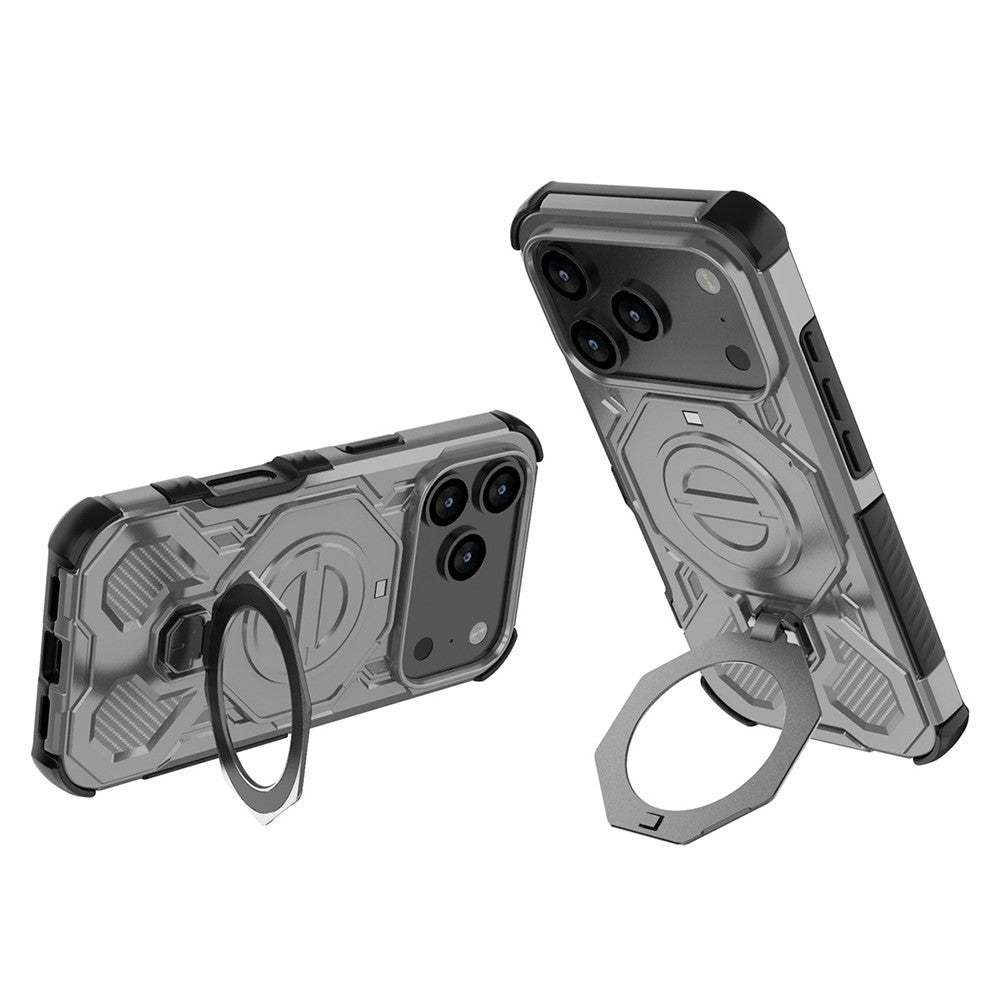 For iPhone 17 Pro Max Magnetic Case Rotating Metal Kickstand Shockproof PC + TPU Phone Back Cover - Grey