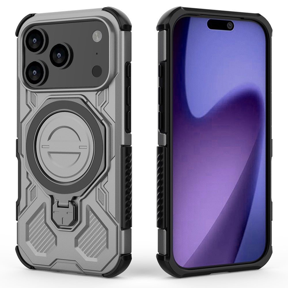 For iPhone 17 Pro Max Magnetic Case Rotating Metal Kickstand Shockproof PC + TPU Phone Back Cover - Grey