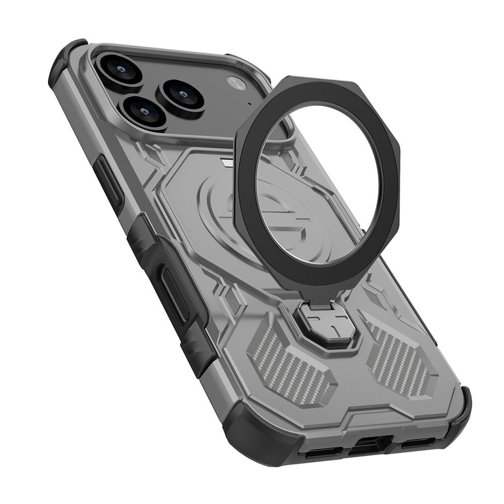 For iPhone 17 Pro Max Magnetic Case Rotating Metal Kickstand Shockproof PC + TPU Phone Back Cover - Grey