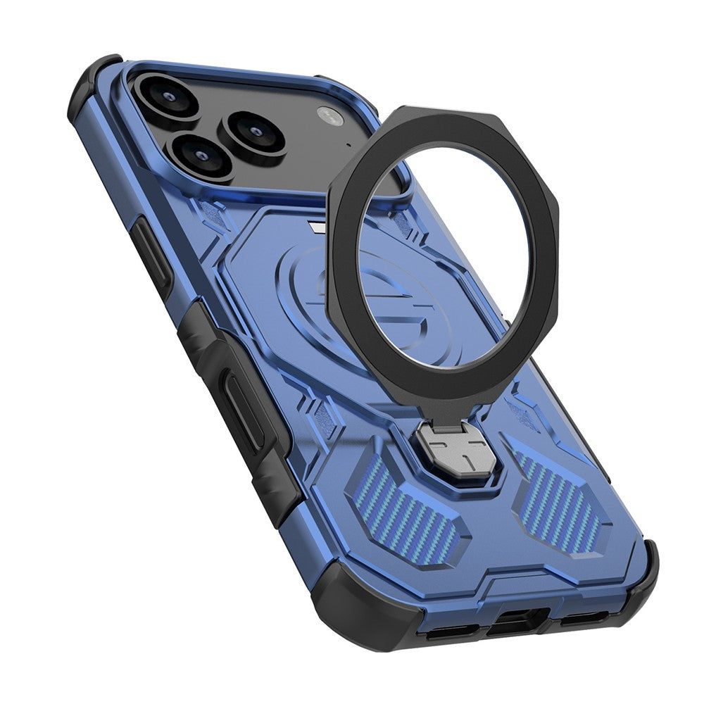 For iPhone 17 Pro Max Magnetic Case Rotating Metal Kickstand Shockproof PC + TPU Phone Back Cover - Dark Blue