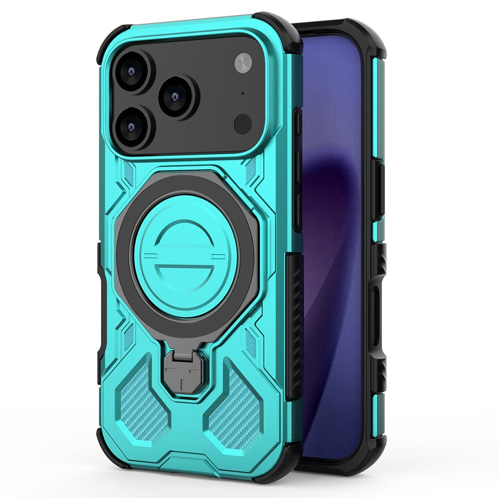 For iPhone 17 Pro Max Magnetic Case Rotating Metal Kickstand Shockproof PC + TPU Phone Back Cover - Baby Blue