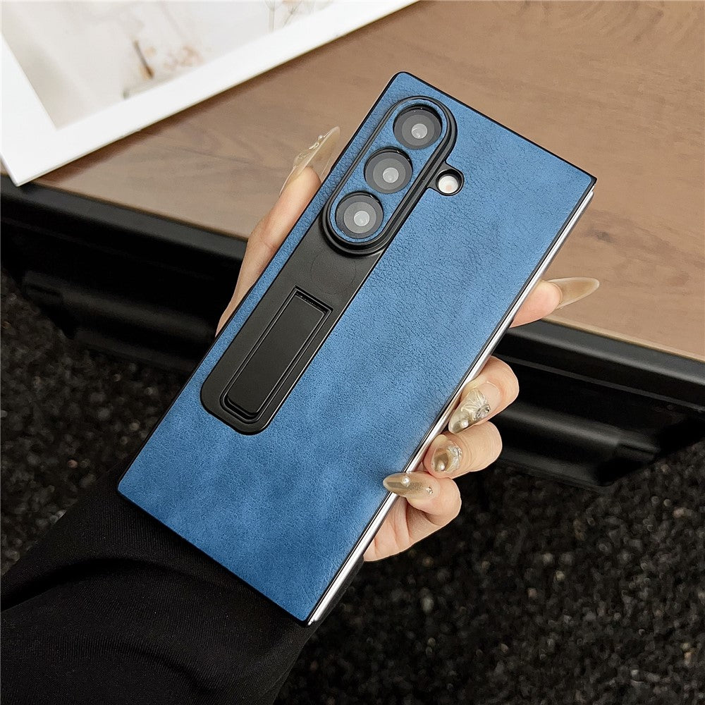 For Samsung Galaxy Z Fold7 5G Case Kickstand Leather Coated PC Folding Phone Cover - Blue
