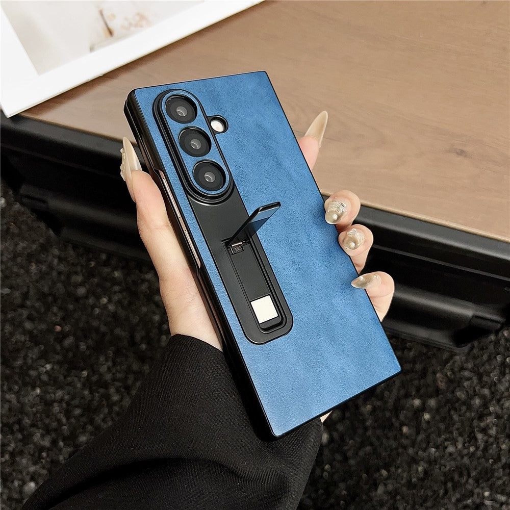 For Samsung Galaxy Z Fold7 5G Case Kickstand Leather Coated PC Folding Phone Cover - Blue