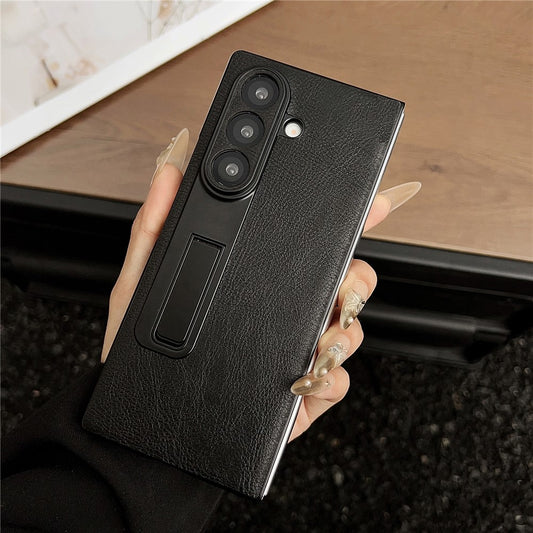 For Samsung Galaxy Z Fold7 5G Case Kickstand Leather Coated PC Folding Phone Cover - Black