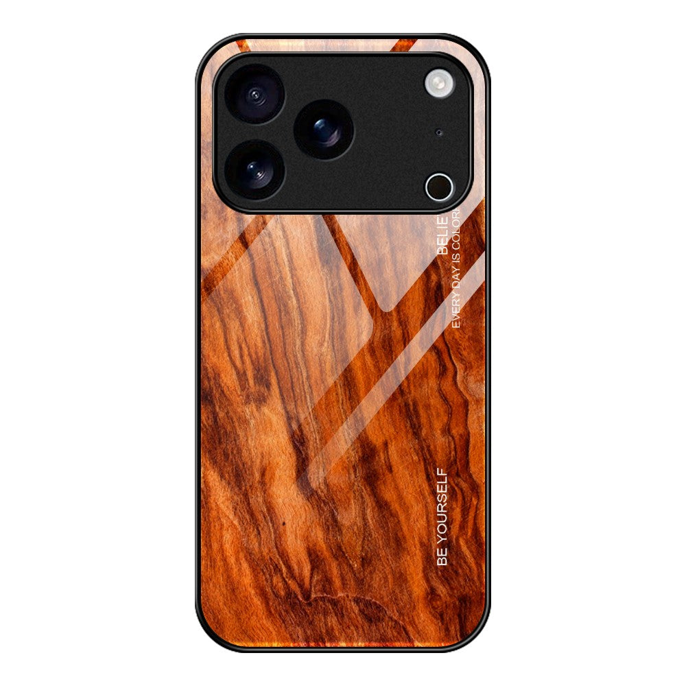 For iPhone 17 Pro Max Case TPU + Tempered Glass Back Phone Cover Wood Texture - Orange
