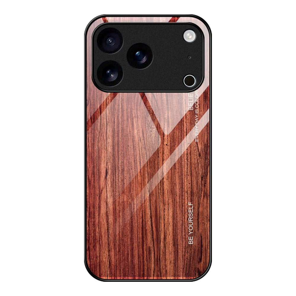 For iPhone 17 Pro Max Case TPU + Tempered Glass Back Phone Cover Wood Texture - Wine Red