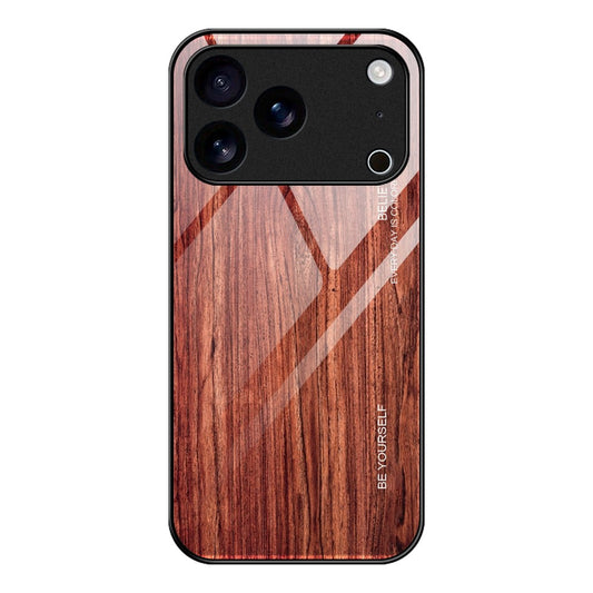 For iPhone 17 Pro Max Case TPU + Tempered Glass Back Phone Cover Wood Texture - Wine Red