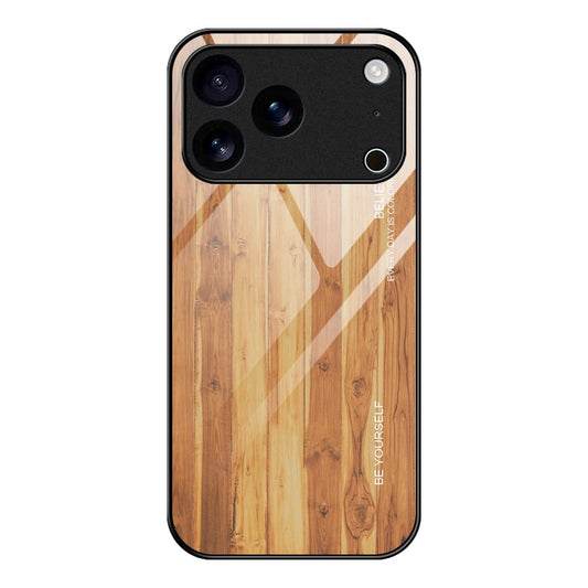For iPhone 17 Pro Max Case TPU + Tempered Glass Back Phone Cover Wood Texture - Brown