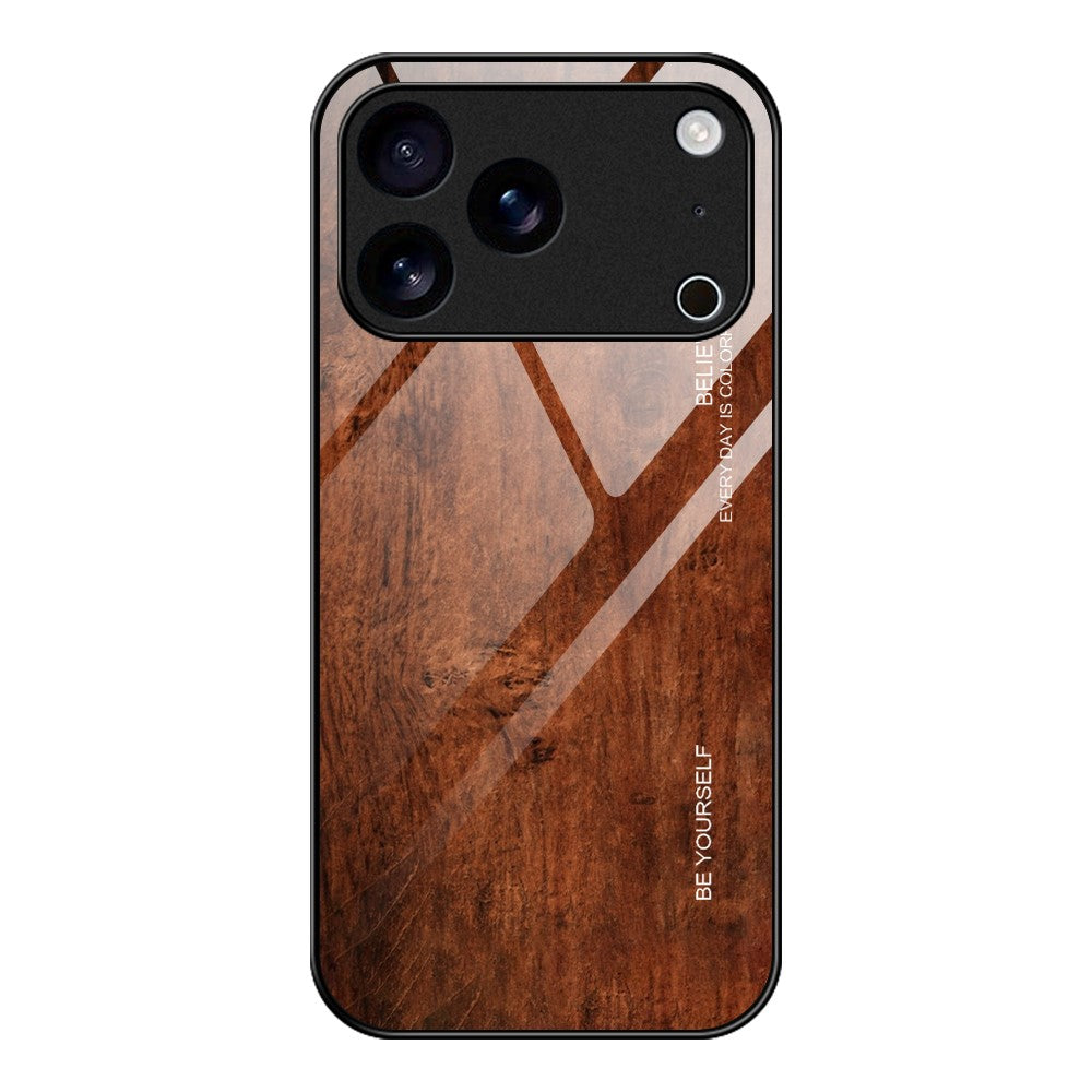 For iPhone 17 Pro Max Case TPU + Tempered Glass Back Phone Cover Wood Texture - Coffee