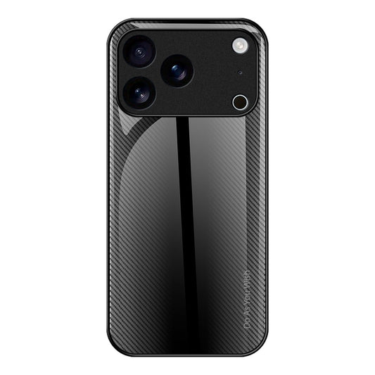 For iPhone 17 Pro Max Case Carbon Fiber Texture Tempered Glass+TPU Phone Cover - Black